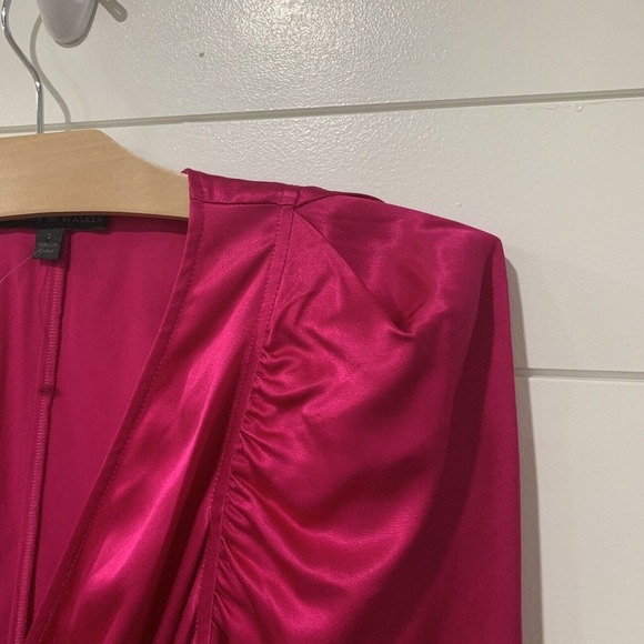 Chelsea Walker Size 2 North Wrap Dress Hot Pink V Neck Puff Sleeves Tie Waist - Picture 5 of 9